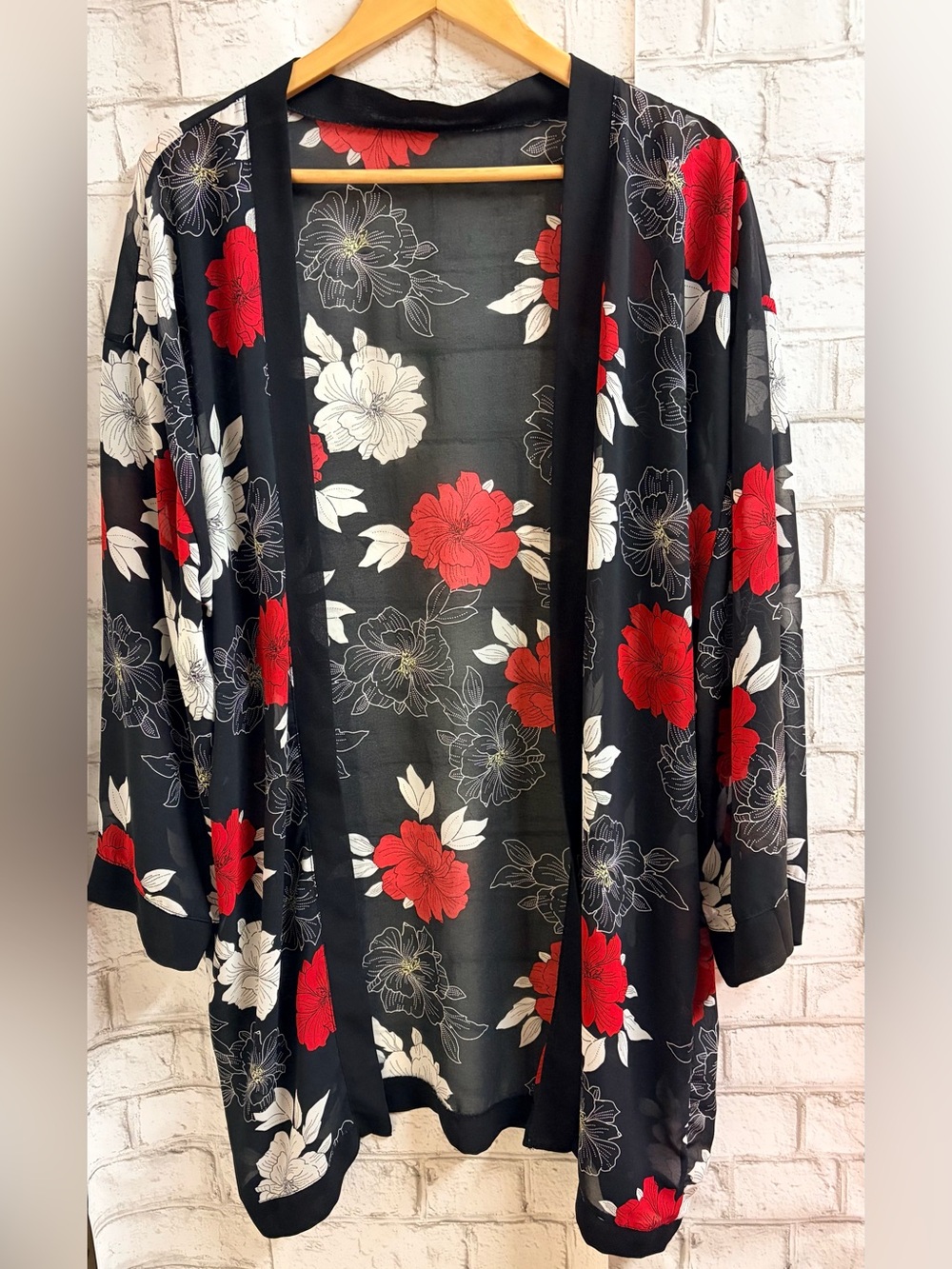 Sheer Open Duster Kimono/Cardigan Red & White Floral